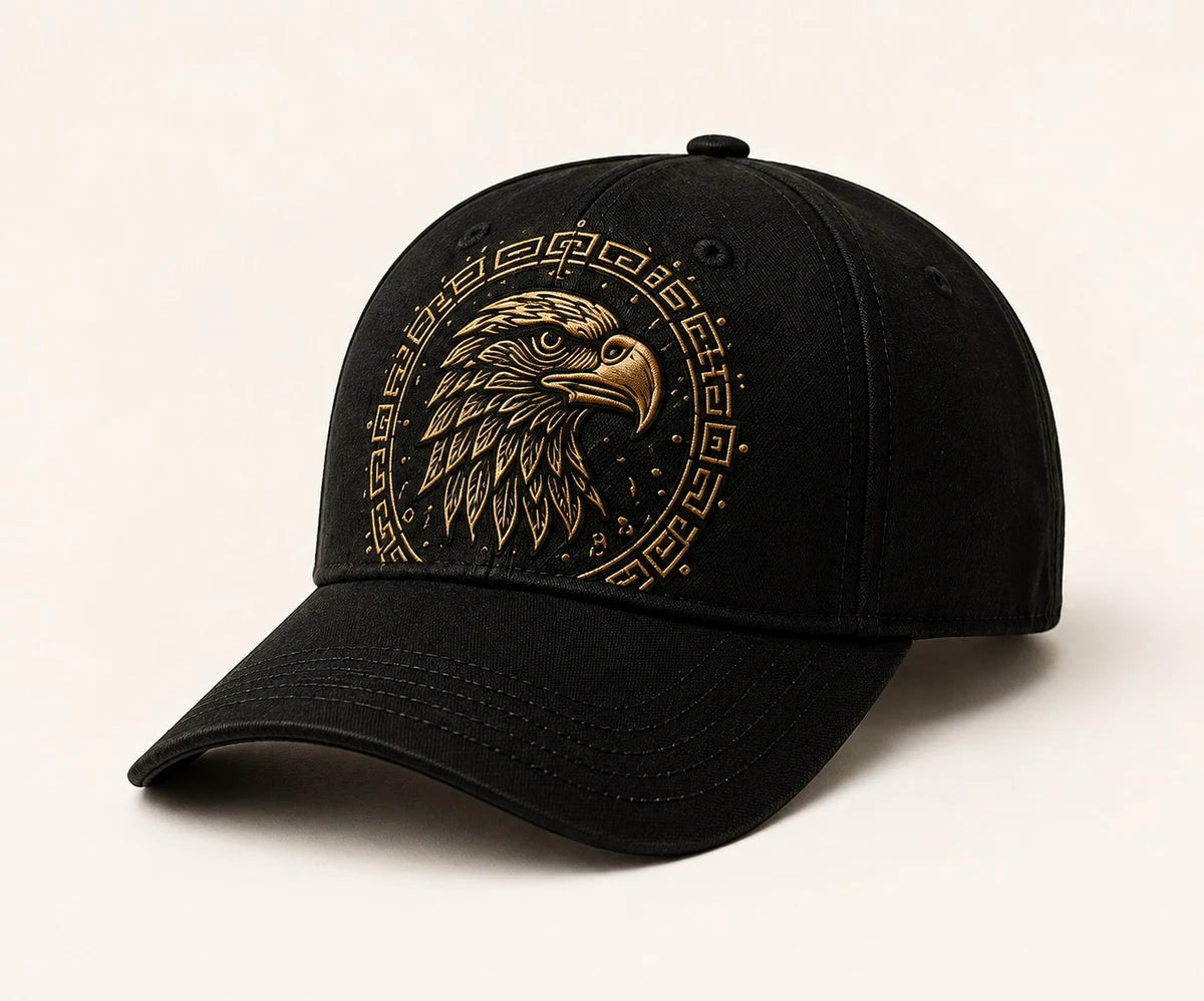 Eagle Glyph Cap in Black; catalogue design concept, three-quarter view