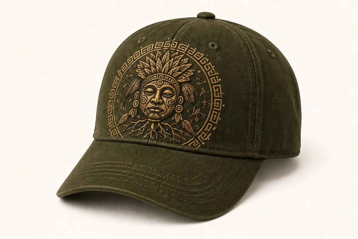 Earth Glyph Cap in Olive; catalogue design concept, three-quarter view