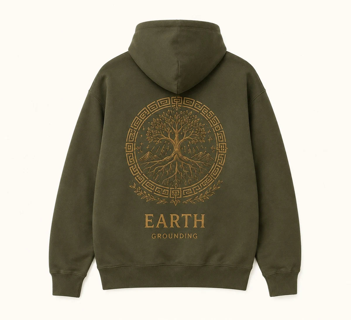 Earth Ritual Hoodie in Olive; catalogue design concept, back view