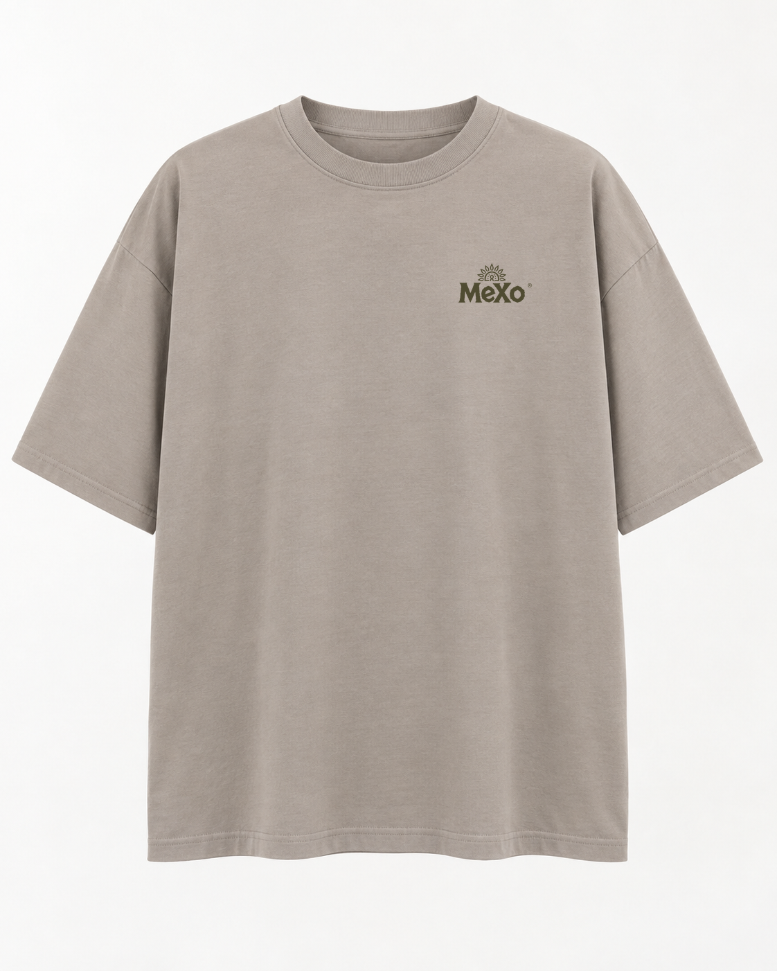 Front ghost of the stone taupe Earth Graphic Tee design visualisation. AI-assisted design concept; not a physical sample or production photograph.