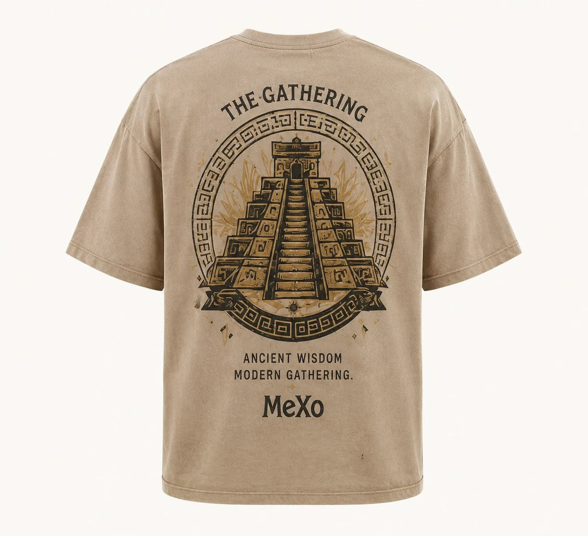 Gathering Temple Tee in Stone beige; catalogue design concept, back view