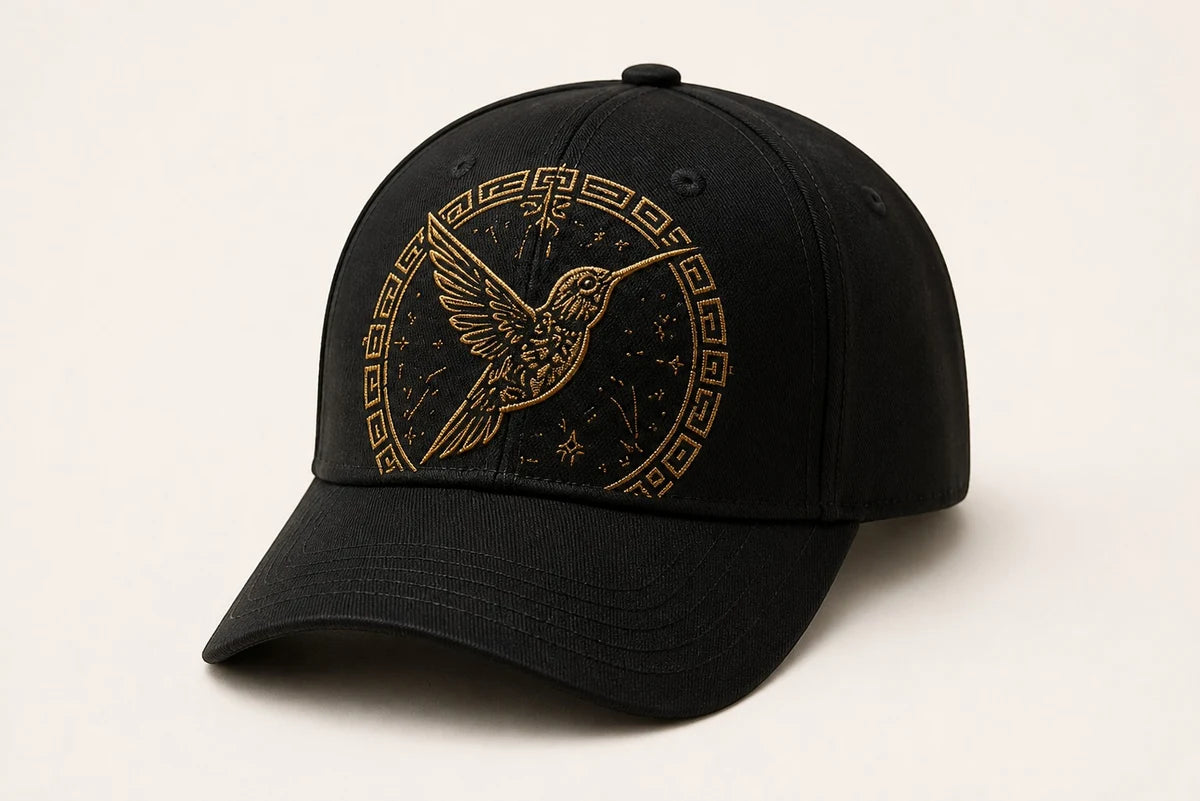 Hummingbird Glyph Cap in Black; catalogue design concept, three-quarter view
