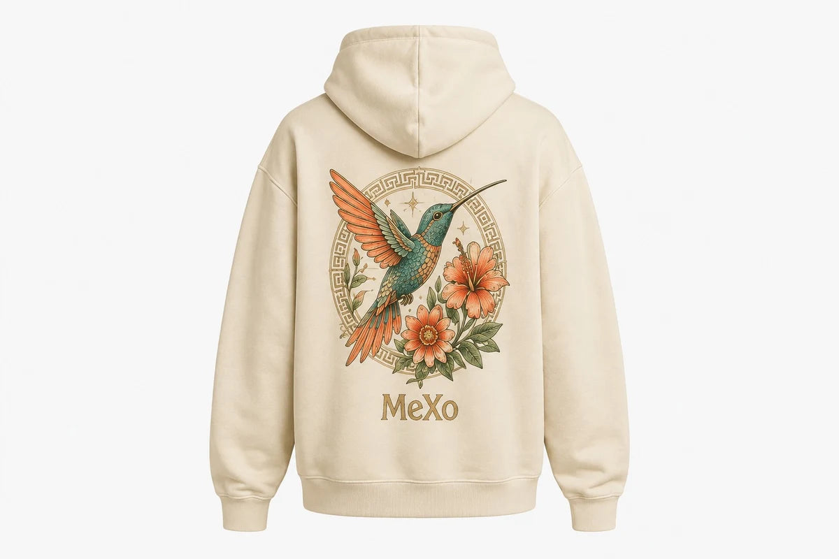 Hummingbird Graphic Hoodie in Cream; catalogue design concept, back view