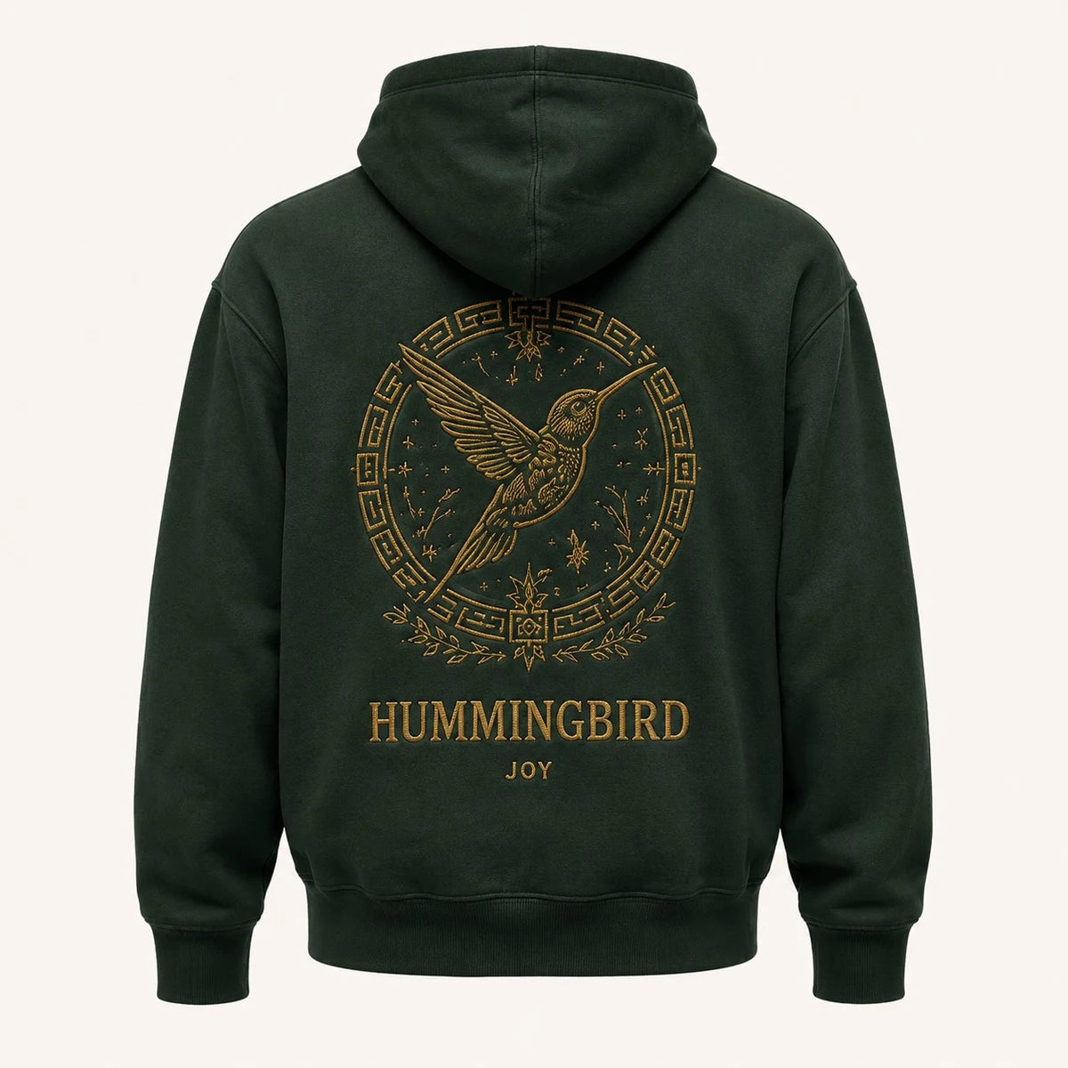 Hummingbird Ritual Hoodie in Forest green; catalogue design concept, back view