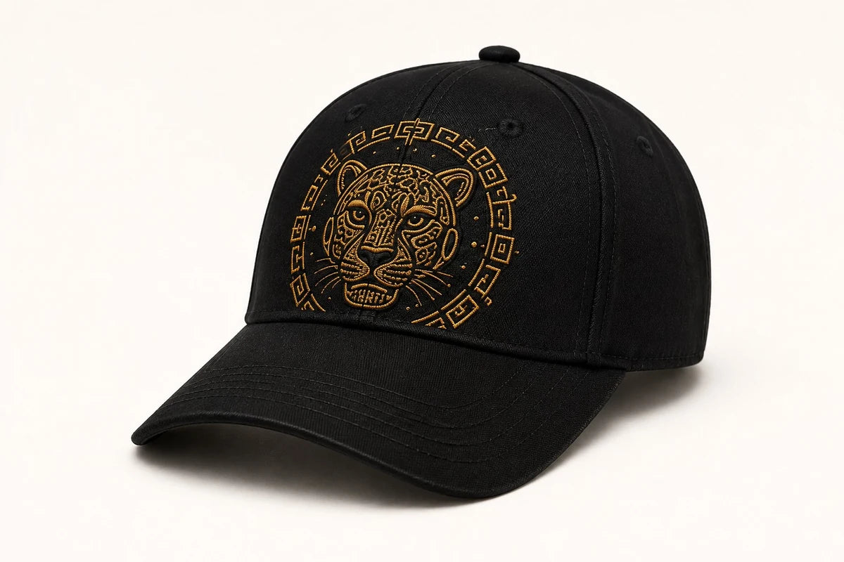Jaguar Glyph Cap in Black; catalogue design concept, three-quarter view