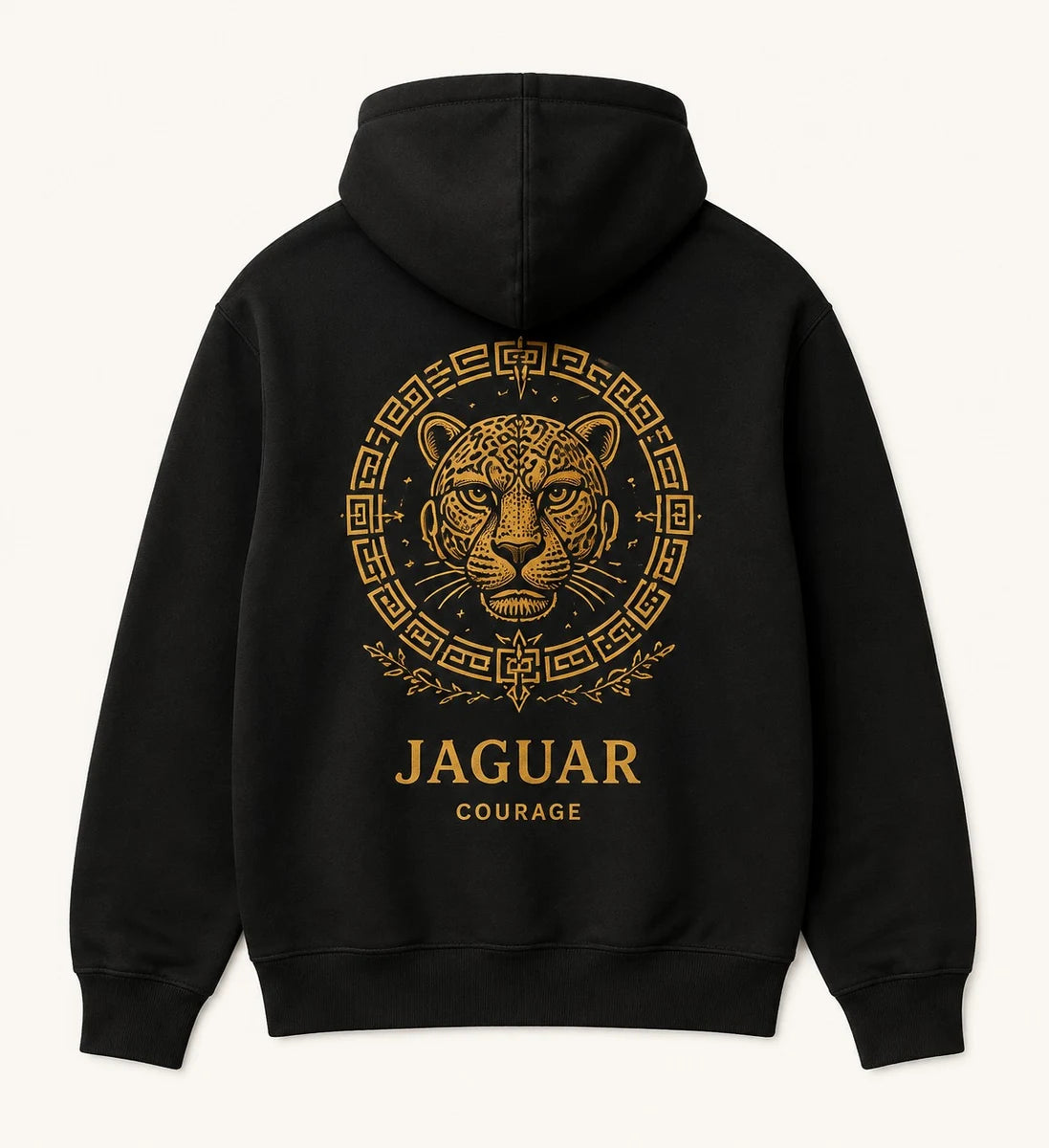 Jaguar Ritual Hoodie in Black; catalogue design concept, back view