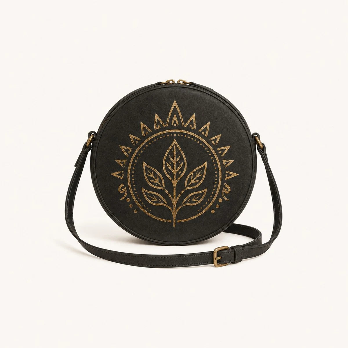 Botanical Round Bag in Black; catalogue design concept, three-quarter view