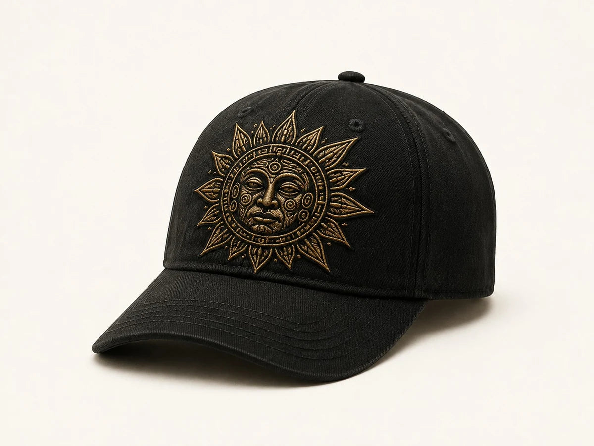 Sun Glyph Cap in Black; catalogue design concept, three-quarter view