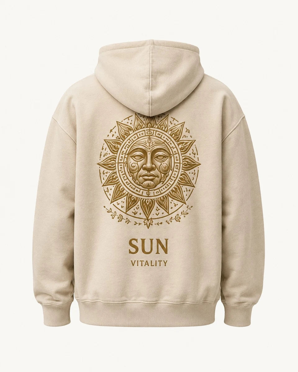 Sun Ritual Hoodie in Cream; catalogue design concept, back view